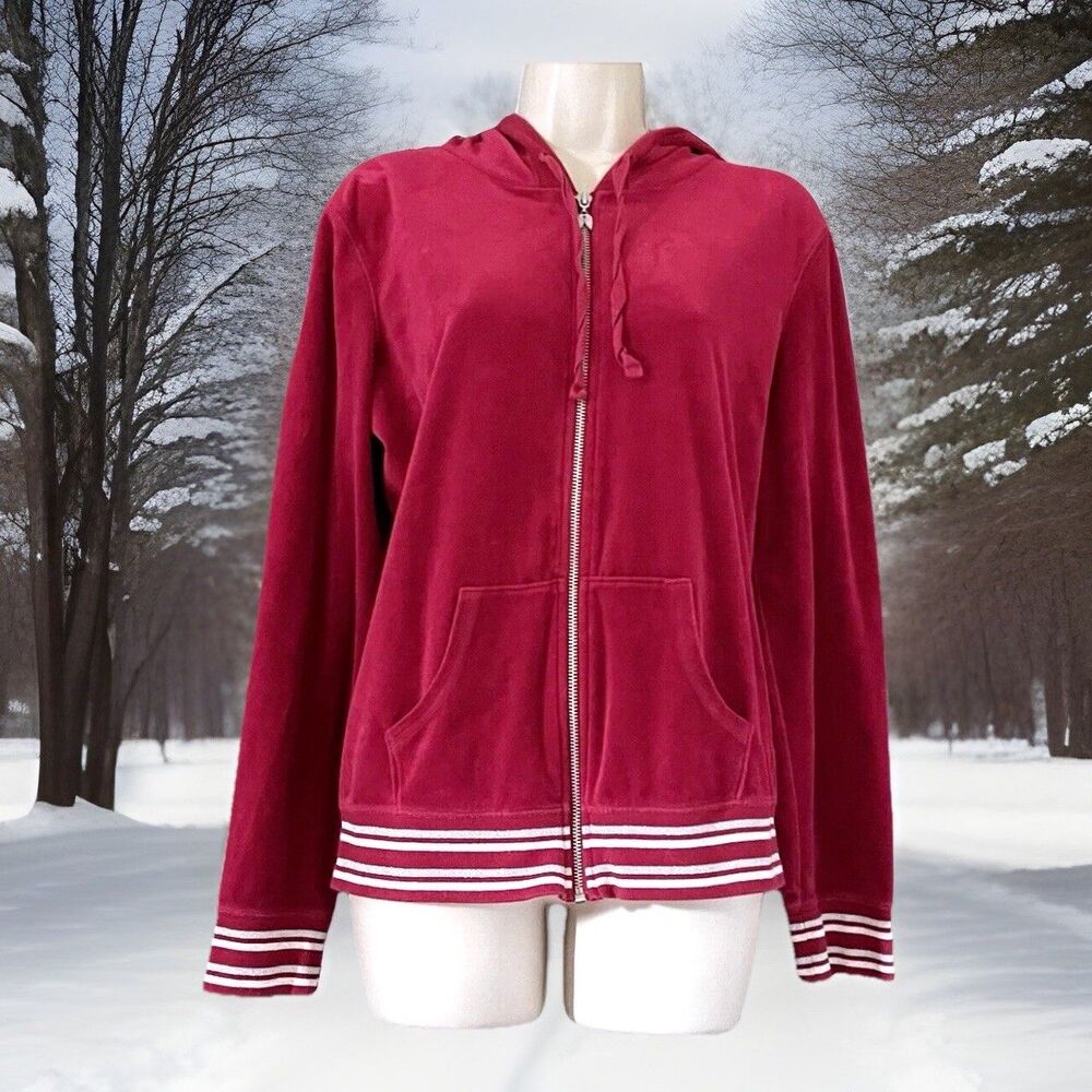Victoria's Secret Maroon Red Full Zip Ribbed Velour Hoodie Jacket Sweater L